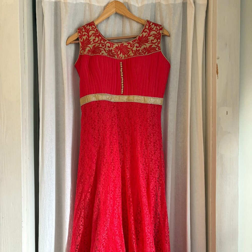 Gorgeous Women's Salwar Kameez Pink Lace, Gold Trim and delicate buttons